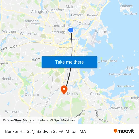 Bunker Hill St @ Baldwin St to Milton, MA map