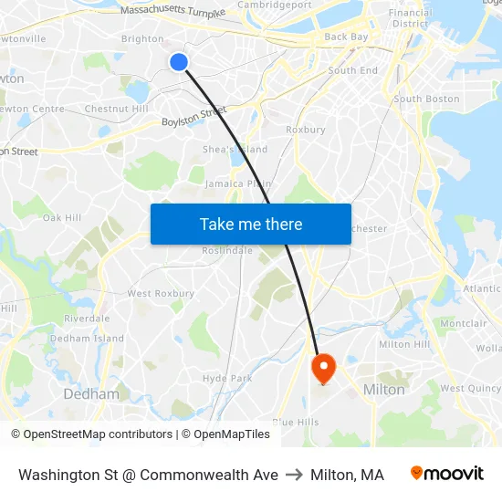 Washington St @ Commonwealth Ave to Milton, MA map