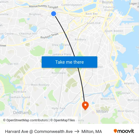Harvard Ave @ Commonwealth Ave to Milton, MA map