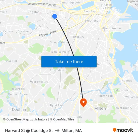 Harvard St @ Coolidge St to Milton, MA map