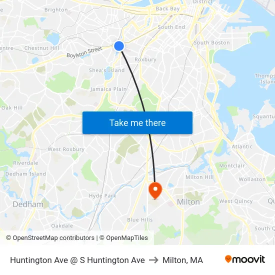 Huntington Ave @ S Huntington Ave to Milton, MA map