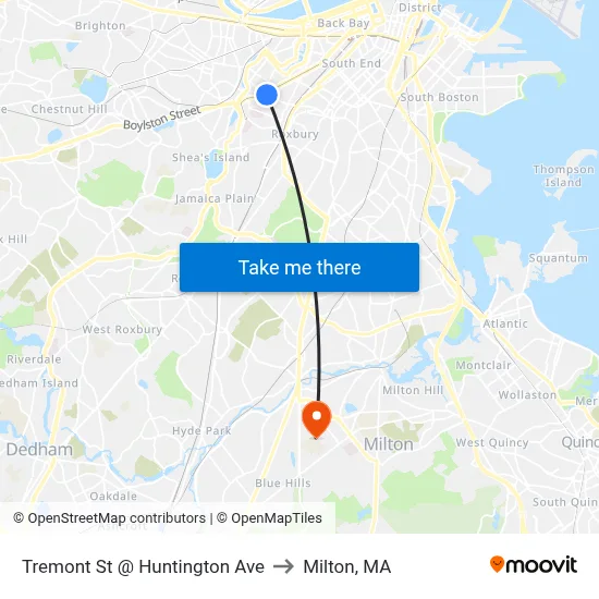 Tremont St @ Huntington Ave to Milton, MA map