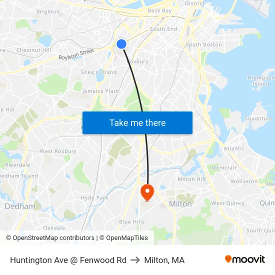 Huntington Ave @ Fenwood Rd to Milton, MA map