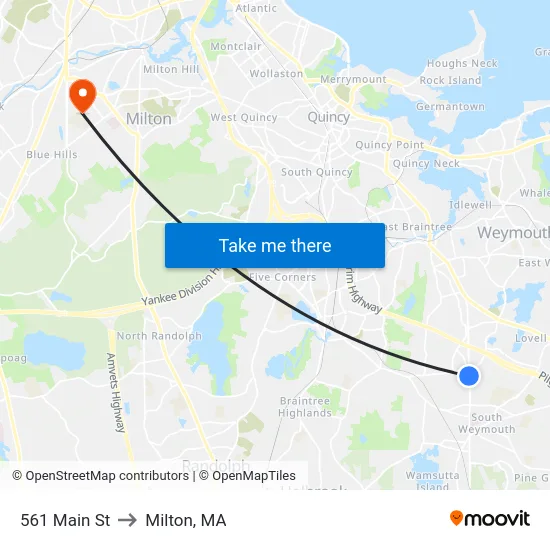 561 Main St to Milton, MA map