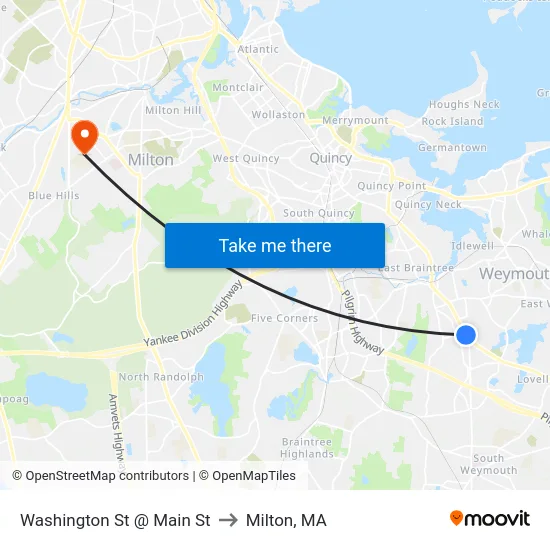 Washington St @ Main St to Milton, MA map