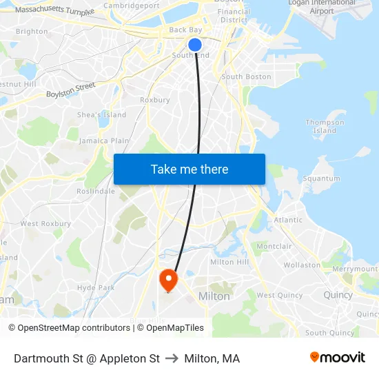 Dartmouth St @ Appleton St to Milton, MA map