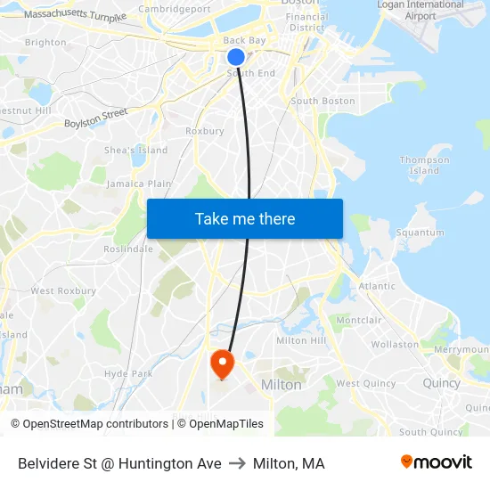 Belvidere St @ Huntington Ave to Milton, MA map