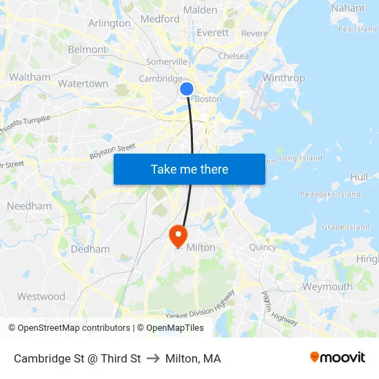 Cambridge St @ Third St to Milton, MA map