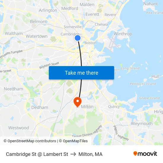 Cambridge St @ Lambert St to Milton, MA map
