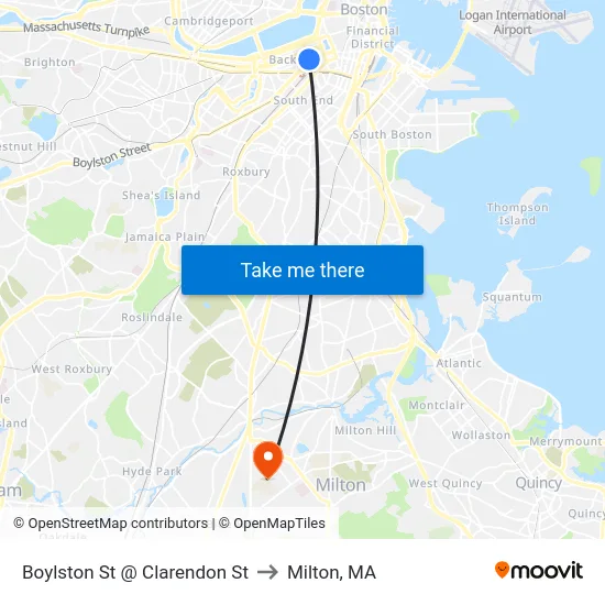 Boylston St @ Clarendon St to Milton, MA map