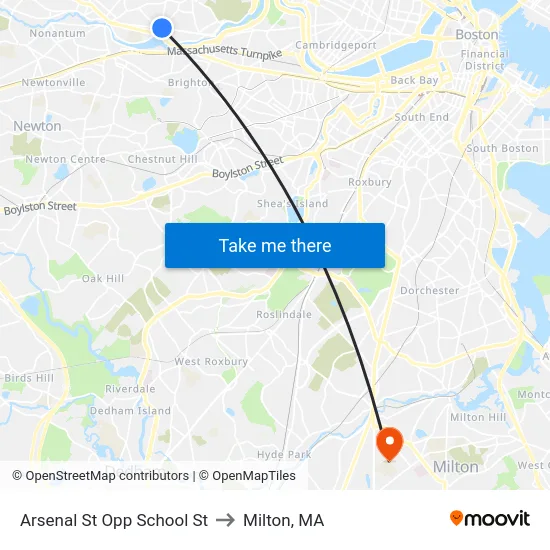 Arsenal St Opp School St to Milton, MA map