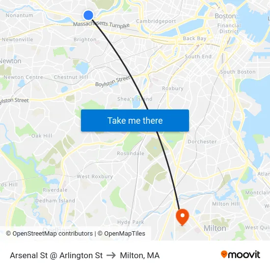 Arsenal St @ Arlington St to Milton, MA map