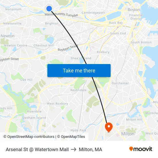 Arsenal St @ Watertown Mall to Milton, MA map
