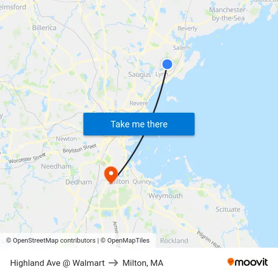 Highland Ave @ Walmart to Milton, MA map