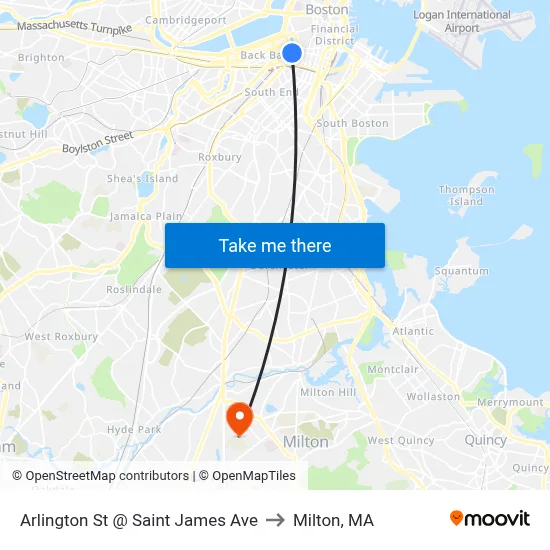Arlington St @ Saint James Ave to Milton, MA map