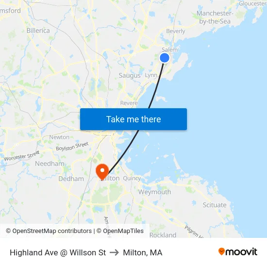 Highland Ave @ Willson St to Milton, MA map