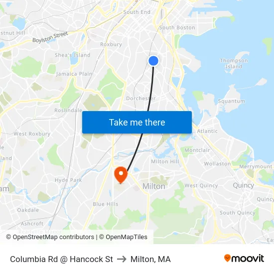 Columbia Rd @ Hancock St to Milton, MA map