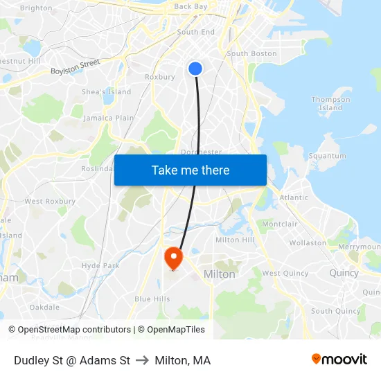 Dudley St @ Adams St to Milton, MA map