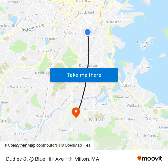 Dudley St @ Blue Hill Ave to Milton, MA map