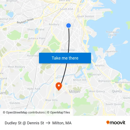 Dudley St @ Dennis St to Milton, MA map