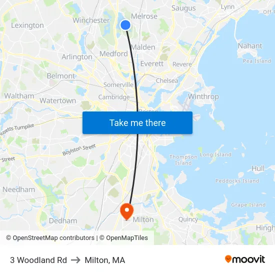 3 Woodland Rd to Milton, MA map