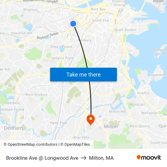 Brookline Ave @ Longwood Ave to Milton, MA map