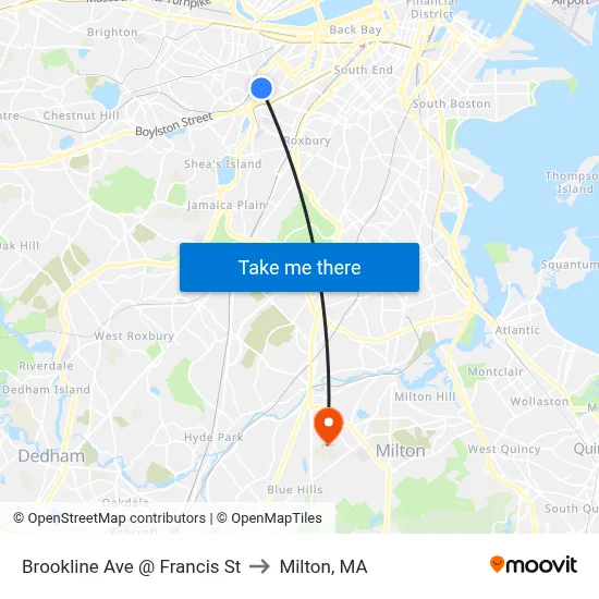 Brookline Ave @ Francis St to Milton, MA map
