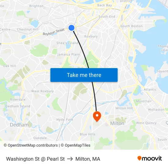 Washington St @ Pearl St to Milton, MA map