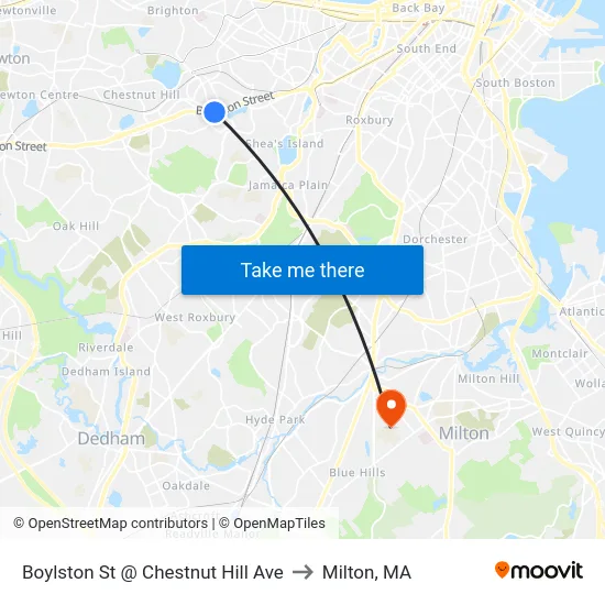 Boylston St @ Chestnut Hill Ave to Milton, MA map