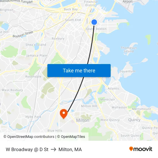 W Broadway @ D St to Milton, MA map