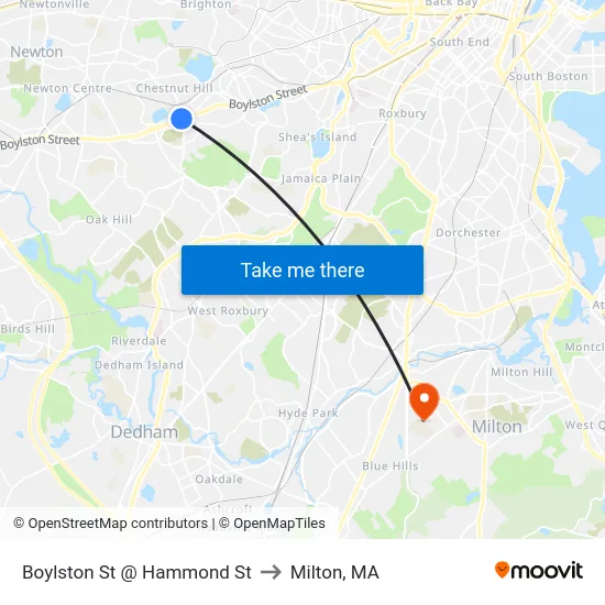 Boylston St @ Hammond St to Milton, MA map