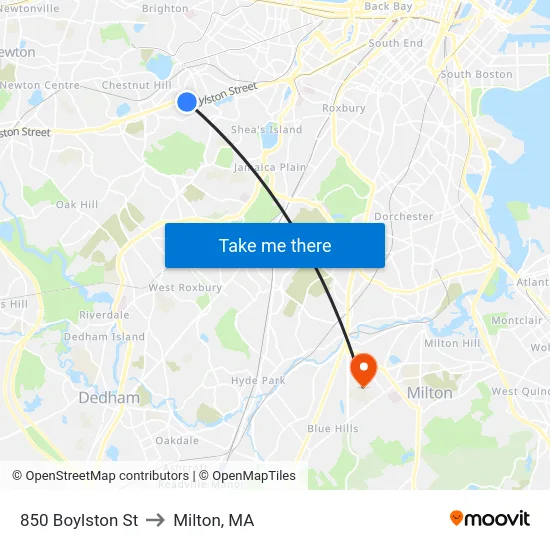 850 Boylston St to Milton, MA map