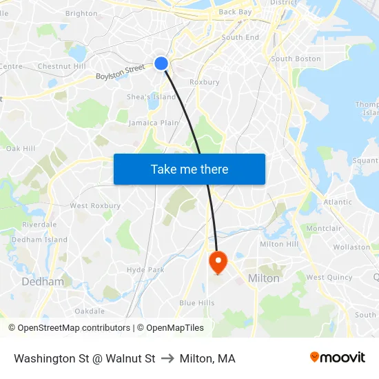 Washington St @ Walnut St to Milton, MA map