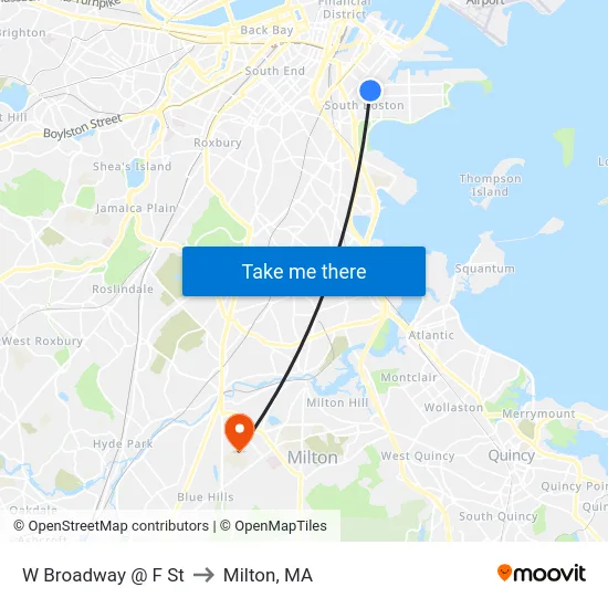 W Broadway @ F St to Milton, MA map