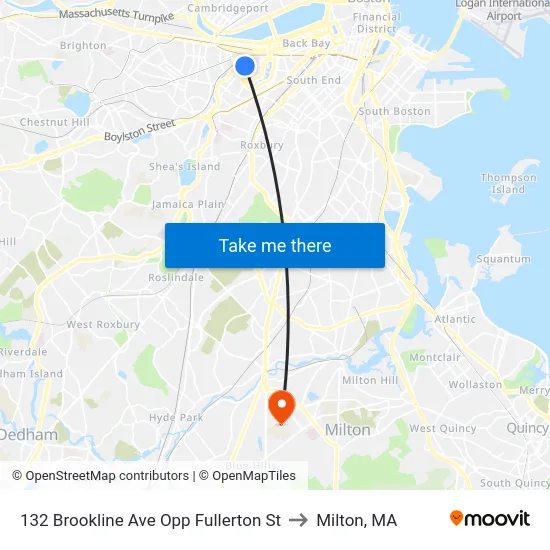 132 Brookline Ave Opp Fullerton St to Milton, MA map