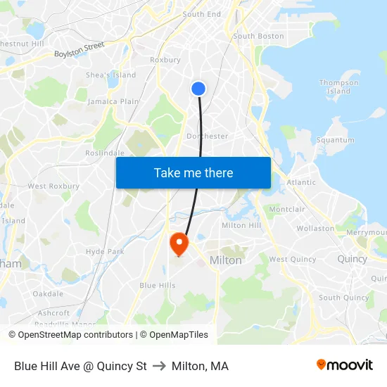 Blue Hill Ave @ Quincy St to Milton, MA map