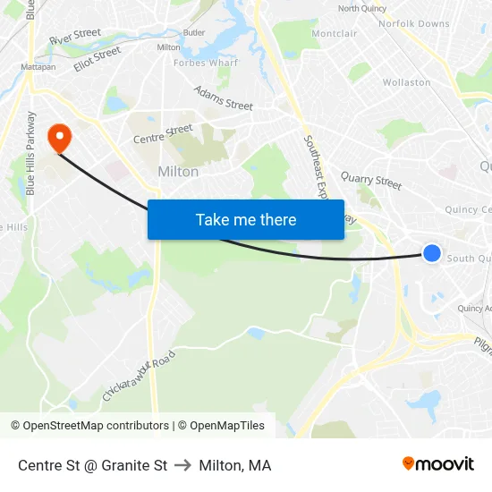 Centre St @ Granite St to Milton, MA map