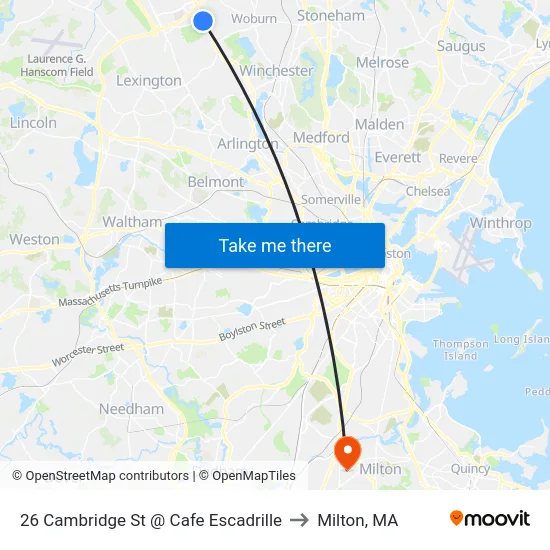 26 Cambridge St @ Cafe Escadrille to Milton, MA map