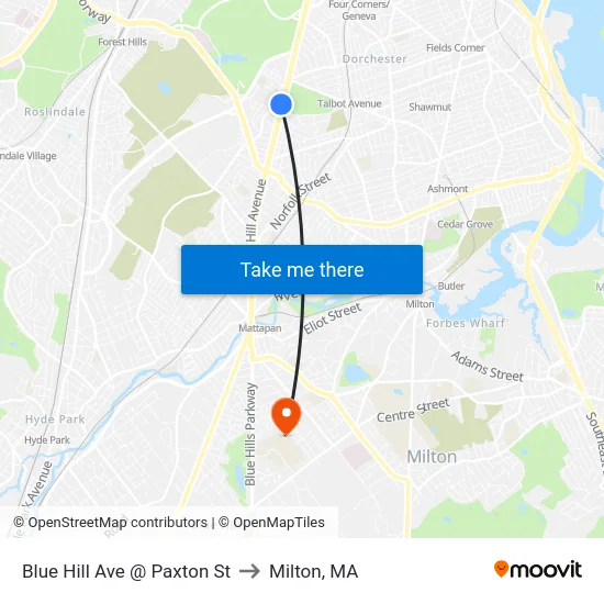Blue Hill Ave @ Paxton St to Milton, MA map