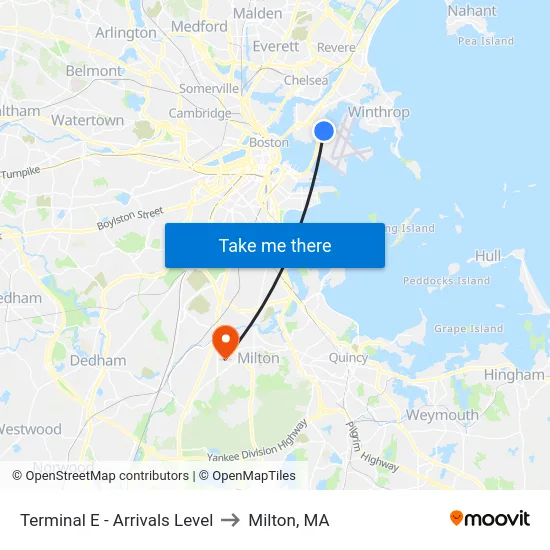 Terminal E - Arrivals Level to Milton, MA map