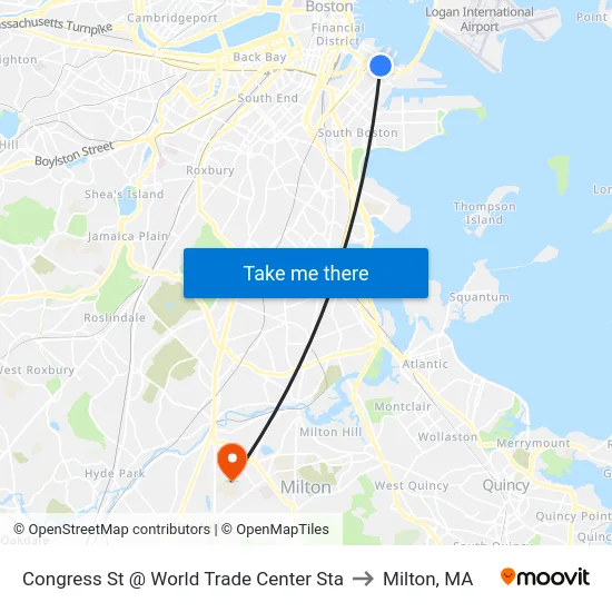 Congress St @ World Trade Center Sta to Milton, MA map