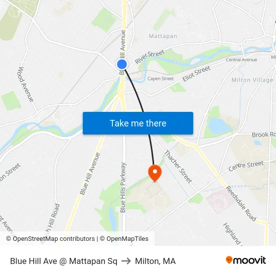 Blue Hill Ave @ Mattapan Sq to Milton, MA map