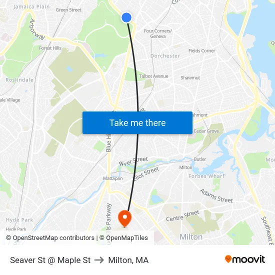 Seaver St @ Maple St to Milton, MA map