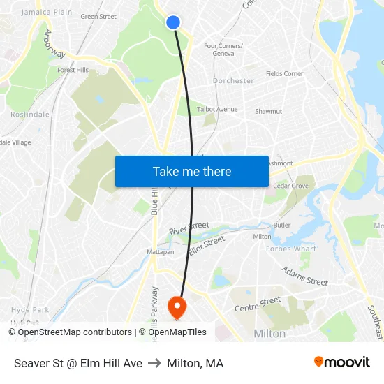 Seaver St @ Elm Hill Ave to Milton, MA map