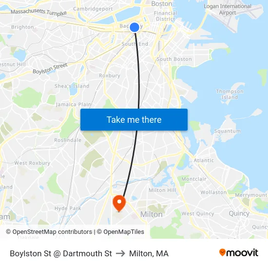 Boylston St @ Dartmouth St to Milton, MA map
