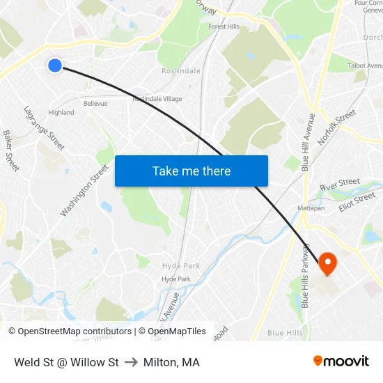 Weld St @ Willow St to Milton, MA map