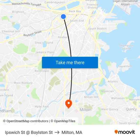 Ipswich St @ Boylston St to Milton, MA map