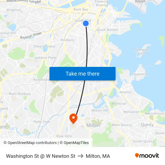 Washington St @ W Newton St to Milton, MA map