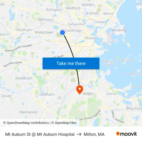 Mt Auburn St @ Mt Auburn Hospital to Milton, MA map