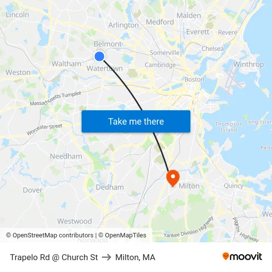Trapelo Rd @ Church St to Milton, MA map